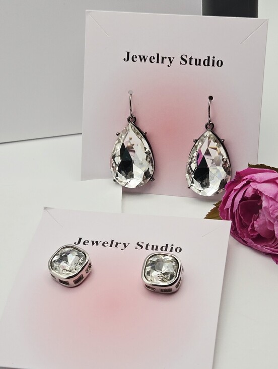 Fashion Jewelry Jewelry - Fashion Jewelry Clear Teardrop Dangle & Clear Stud Glass Stone Earring Set Of 2